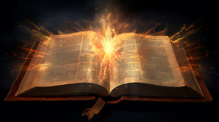 An open Bible illuminated by a light, symbolizing enlightenment and guidance. The symmetry of the light contrasts with the darkness, creating a captivating artistic display during the eventの素材