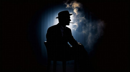 A dark silhouette of a man wearing a hat, sitting in a chair. The monochrome photography captures the shadows and gestures in a stunning artistic display at an eventの素材