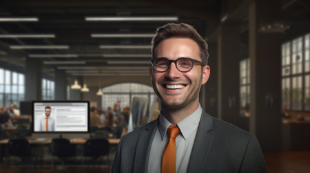 A man in formal wear, including a suit, tie, and glasses, is smiling in an office building. The vision care event focuses on eyewear and proper vision careの素材