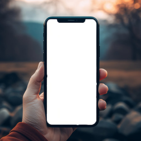 A person is holding a portable communications device with a white screen in their hand, using their finger to interact with the rectangular mobile deviceの素材