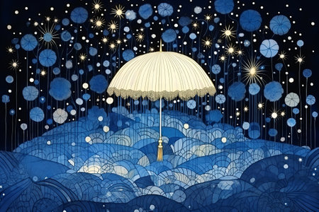 An electric blue umbrella stands out in a sea of umbrellas in the snowy world, creating a striking contrast against the white backdrop of the skyの素材