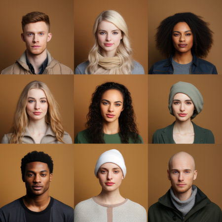 A diverse group of individuals with various hairstyles and outfits are captured in a photograph, standing together against a brown backgroundの素材