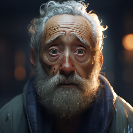 A man with eyewear and facial hair, including a beard and mustache, is smiling at the camera. His glasses emphasize his pleased expression, while wrinkles show wisdomの素材