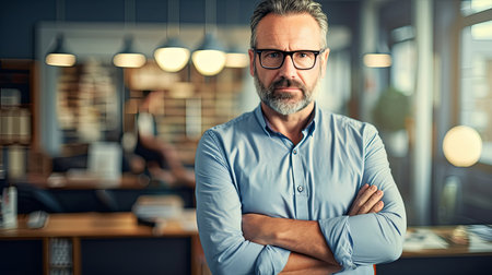 A man with facial hair and eyewear, wearing a dress shirt and glasses, stands in an office with his arms crossed in a gesture of confidenceの素材
