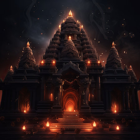 A building created through 3D rendering, depicts a temple with candles and statues. The art showcases symmetry in the facade, set in darkness suggesting a midnight event at the holy place of worshipの素材