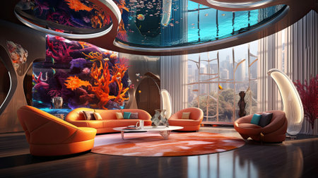 A glass aquarium filled with water brings life to the living room, adding a touch of art and leisure to the entertainment space in the houseの素材