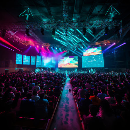 A large crowd is gathered in a dark room at a concert, surrounded by magenta and electric blue visual effect lighting, enjoying the music and entertainmentの素材