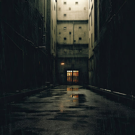 A brick building with numerous windows overlooks the city street. A street light illuminates the road surface, casting tints and shades on the asphalt facade under the skyの素材