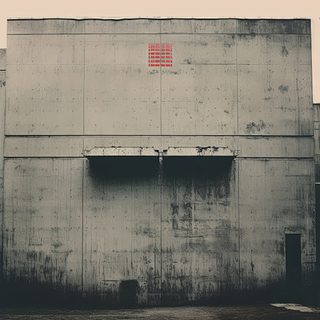 A brick building with numerous windows overlooks the city street. A street light illuminates the road surface, casting tints and shades on the asphalt facade under the skyの素材