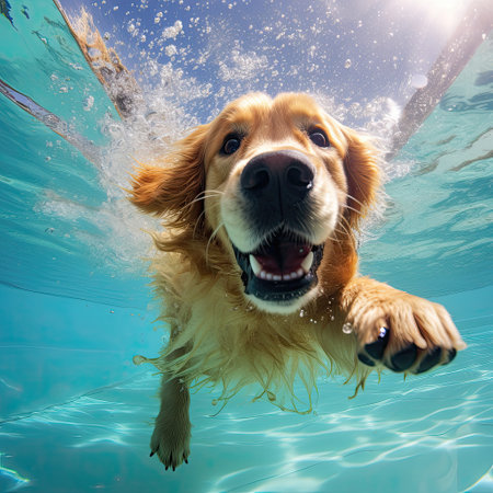 A happy Golden Retriever, a carnivorous dog breed in the Sporting Group, is swimming underwater in a pool with a big smile on its snoutの素材