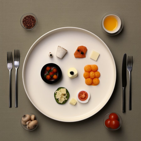 An assortment of dishes is elegantly arranged on a pristine white plate, showing a delightful display of various ingredients and flavors in a beautiful presentationの素材