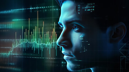 An elegant man in a suit is standing in front of a computer screen displaying an array of electric blue lights. He appears to be immersed in the world of art, music, movies, and entertainmentの素材