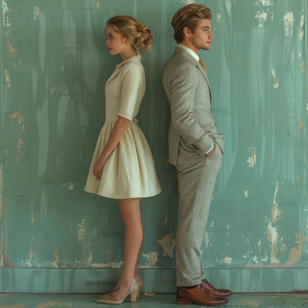 A man and a woman in formal wear, wearing suits and dress shirts, standing back to back. The man is adjusting his collar while the woman is smiling and making a gesture with her handの素材