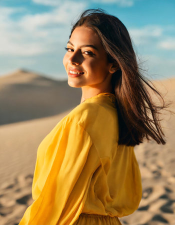 a woman in a yellow dress is standing on a sandy beach. High qualityの素材