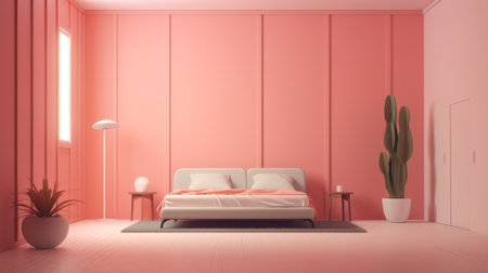 A living room in a building with pink walls, a green couch, stairs, and potted plants, creating a vibrant and cozy interior designの素材