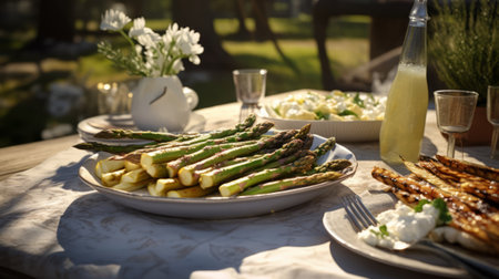 large asparagus on serving platter in the garden. High quality photoの素材