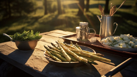 large asparagus on serving platter in the garden. High quality photoの素材