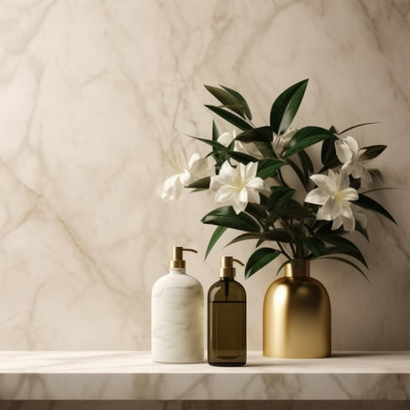 A plant in a vase with flowers and twigs sits on the wooden counter beside a bottle of lotion, adding tints and shades to the roomの素材