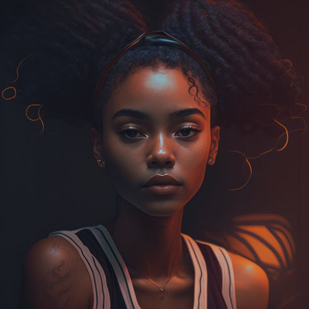 A closeup photo of a woman with black hair in a ponytail, hoop earrings, and an electric blue vest. Flash photography captures her eyebrows and undershirt in the darkness of a fun event at midnightの素材