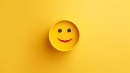 A person is holding a paper mask with a smiley face emoticon. The yellow smiley has a happy expression, with a circle font and symmetrical art gestureの素材