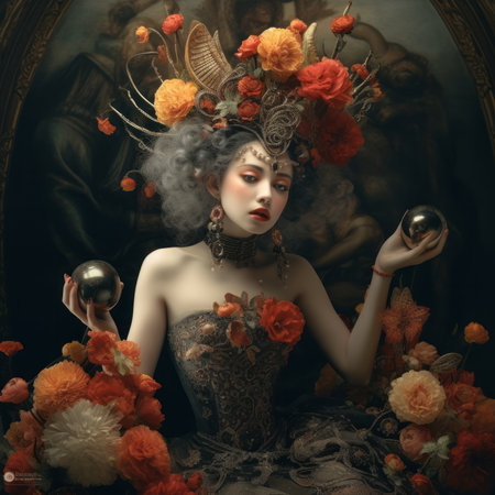 A woman adorned with flowers in her hair gracefully holds a beautifully painted ball in her hands, showcasing a blend of art and floral designの素材