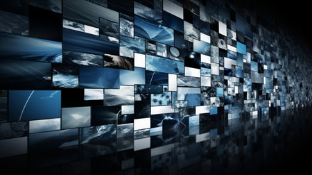 A wall covered in an array of pictures against a black background, featuring images in Electric blue and Azure hues, resembling a night sky filled with clouds and building silhouettesの素材