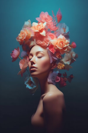 A woman adorned with a floral crown, showing the beauty of flowers in her hair. The magenta petals perfectly complement her electric blue outfit, creating a stunning floral art pieceの素材