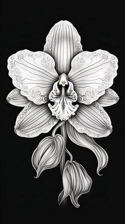 A monochrome drawing of an orchid flower on a black background, showing the intricate details of this terrestrial plant. Closeup art of a beautiful flowering plantの素材