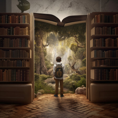 A boy with a backpack is standing in a library, surrounded by dark wood bookcases. He is gazing out of an open book, mesmerized by the symmetrical shelves and orderly layout of the roomの素材