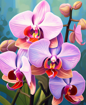 Close up photo capturing the vibrant purple petals of a moth orchid, set against a deep blue background, showcasing the beauty of this terrestrial plantの素材