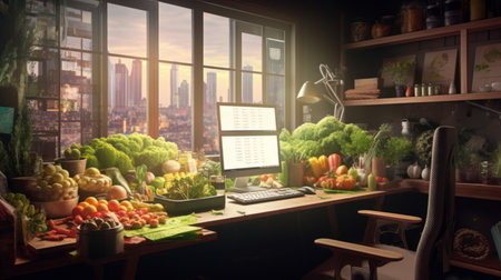 A man is sitting at a desk in a building in front of a computer, possibly working on art or cooking. The facade of the house is visible through the windowの素材