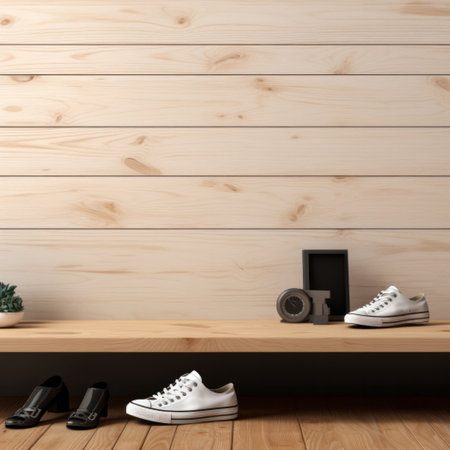 A wooden bench with white sneakers and a camera placed on top of it. The hardwood floor beneath is stained with tints and shadesの素材