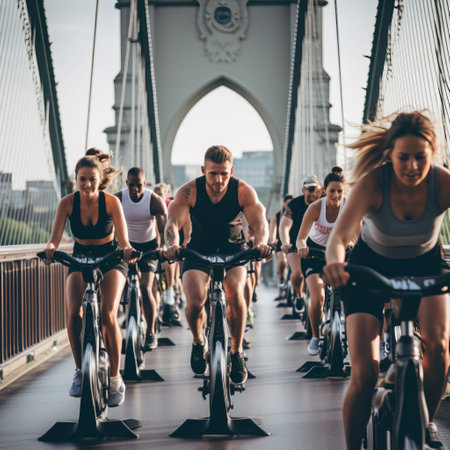 A group of people are having fun riding exercise bikes in a gym to work their muscles and thighs, some barechested with vests on to feel the burnの素材