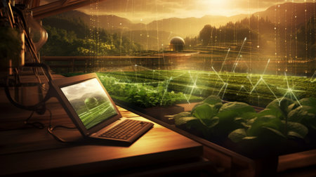 A man is sitting at a desk in a building in front of a computer, possibly working on art or cooking. The facade of the house is visible through the windowの素材