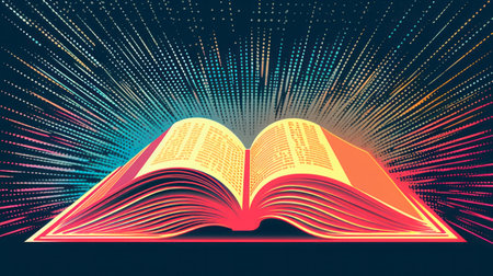 A stunning piece of art featuring an open book with symmetrical rays of electric blue and magenta light, showcasing intricate patterns and graphicsの素材