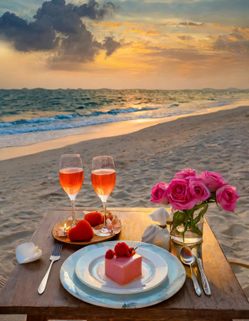 Generated imageSummer love. Romantic sunset dinner on the beach. Table honeymoon set for two with luxurious food, glasses of rose wine drinks in a restaurant with sea view. Happy valentines day. High quality photoの素材