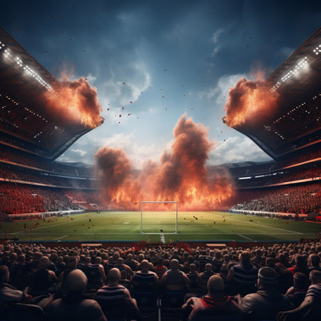 A crowd at a soccer event in a stadium watches as fire emerges from the stands, creating a dramatic atmosphere against a backdrop of cloudy skies and a fiery horizonの素材