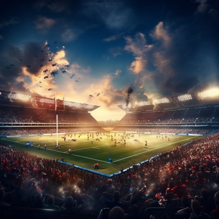 A crowd at a soccer event in a stadium watches as fire emerges from the stands, creating a dramatic atmosphere against a backdrop of cloudy skies and a fiery horizonの素材