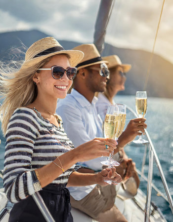 Group of friends having fun together and drinking champagne while sailing in the sea on luxury boat. High quality photoの素材