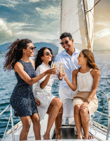 Group of friends having fun together and drinking champagne while sailing in the sea on luxury boat. High quality photoの素材