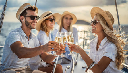 Group of friends having fun together and drinking champagne while sailing in the sea on luxury boat. High quality photoの素材