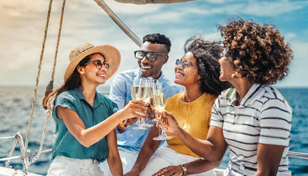 Group of friends having fun together and drinking champagne while sailing in the sea on luxury boat. High quality photoの素材