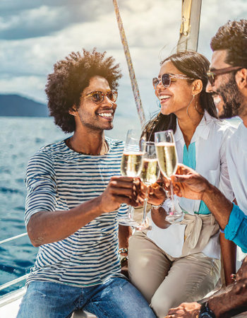 Group of friends having fun together and drinking champagne while sailing in the sea on luxury boat. High quality photoの素材