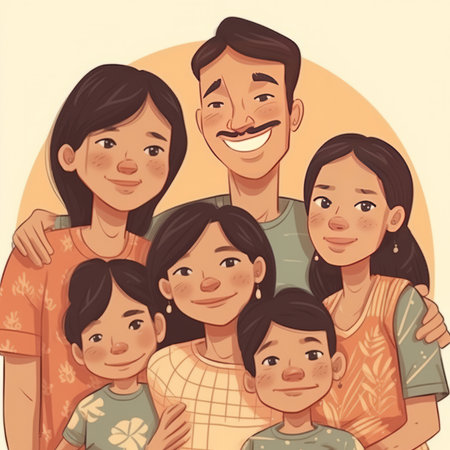 A happy family in a cartoon illustration posing for a picture, all smiling and wearing different hats. They are sharing a joyful moment with gestures and all have unique headgearの素材