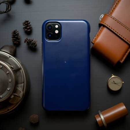 An electric blue communication device, featuring a camera lens, is placed on a table with other gadgets. This portable telephony gadget offers versatile communication capabilitiesの素材