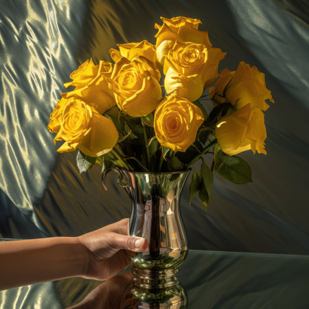 The person is holding a vase filled with beautiful yellow roses, a hybrid tea rose variety, showing their vibrant petals on the tableの素材