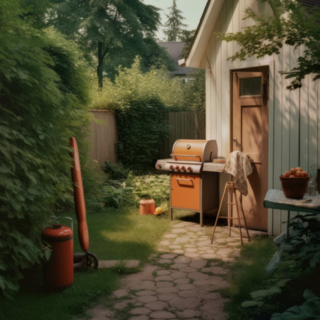 A wooden grill is placed on a brick walkway in the backyard of a house. The landscape includes trees and plants, creating a cozy outdoor spaceの素材