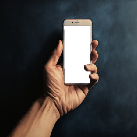 A hand is holding a mobile phone with a white screen, utilizing a portable communications device for telephony and communication. The gesture shows use of a gadget for mobile device interactionの素材
