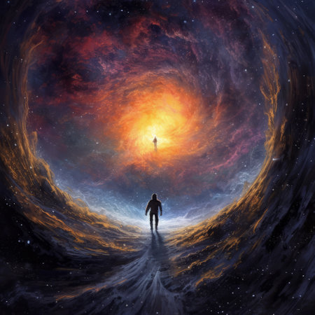 A man stands surrounded by a vortex in space, capturing the breathtaking atmosphere of an astronomical object in a stunning art piece resembling a painting of the skys horizon landscapeの素材