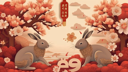 Two rabbits surrounded by plants, flowers, and leaves on a pink background. Creative arts featuring a fawn greeting in artistic fonts. A blend of art, rectangles, and petalsの素材